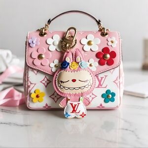Premium Real Leather Labubu Floral Keychain POP MART Luxury Bag Charm